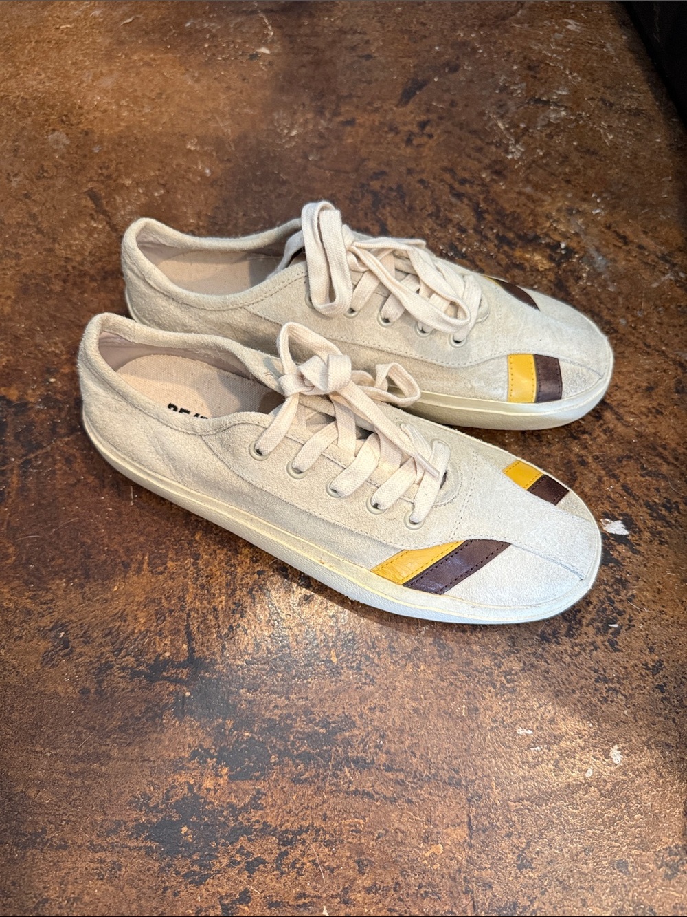 Re/Done Casual Cream Canvas Sneakers with Yellow & Brown Accents New